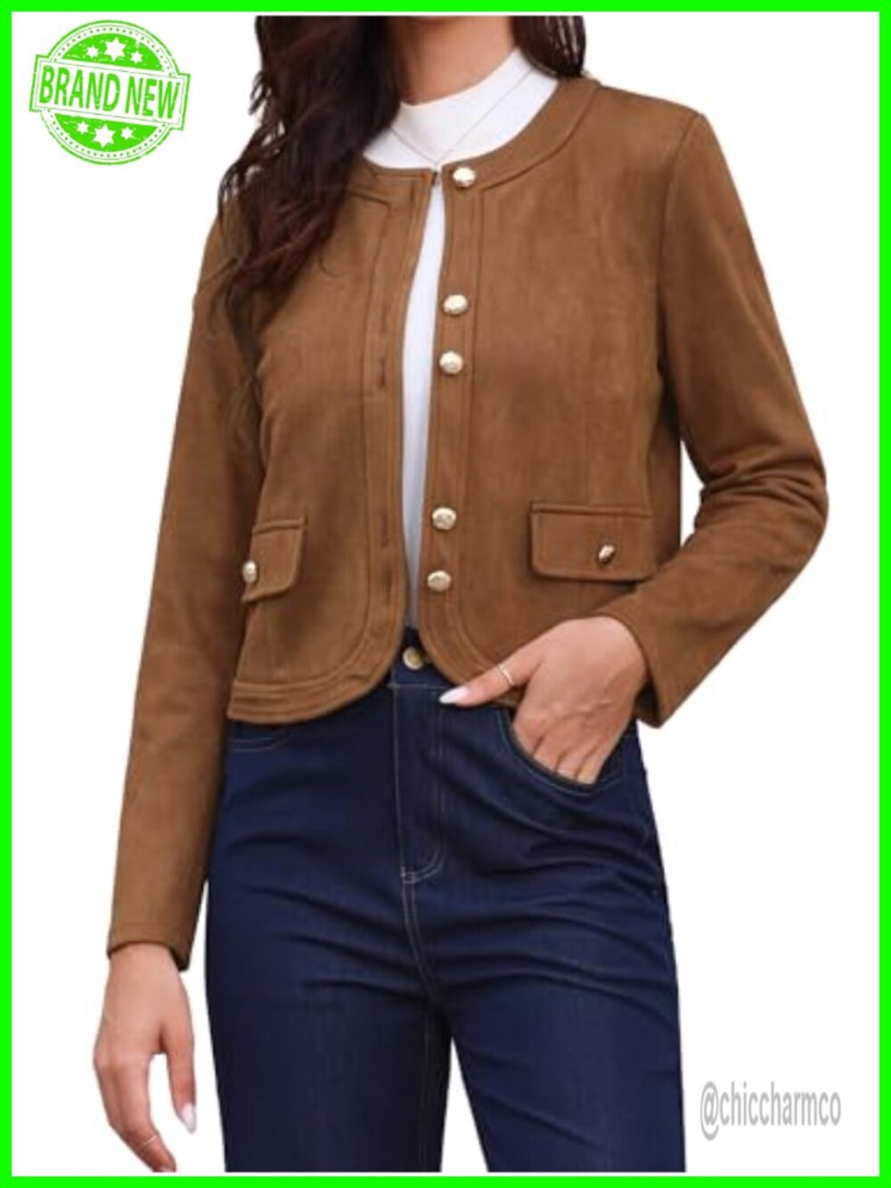 Faux Suede Cropped Button Down Jacket Collarless Long Sleeve Casual Outerwear